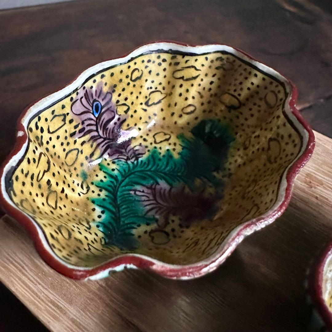【希少】　古九谷　吉田屋窯　孔雀の羽　角福　豆鉢　五客　小皿　豆皿　再興九谷