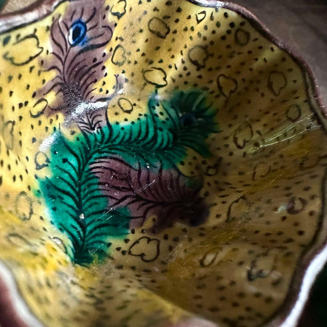 【希少】　古九谷　吉田屋窯　孔雀の羽　角福　豆鉢　五客　小皿　豆皿　再興九谷