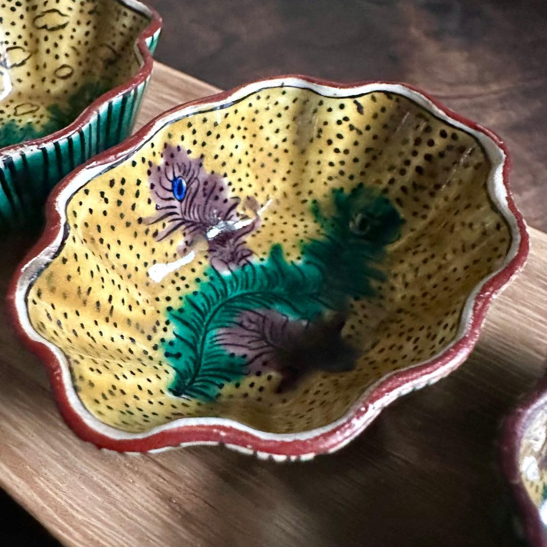 【希少】　古九谷　吉田屋窯　孔雀の羽　角福　豆鉢　五客　小皿　豆皿　再興九谷