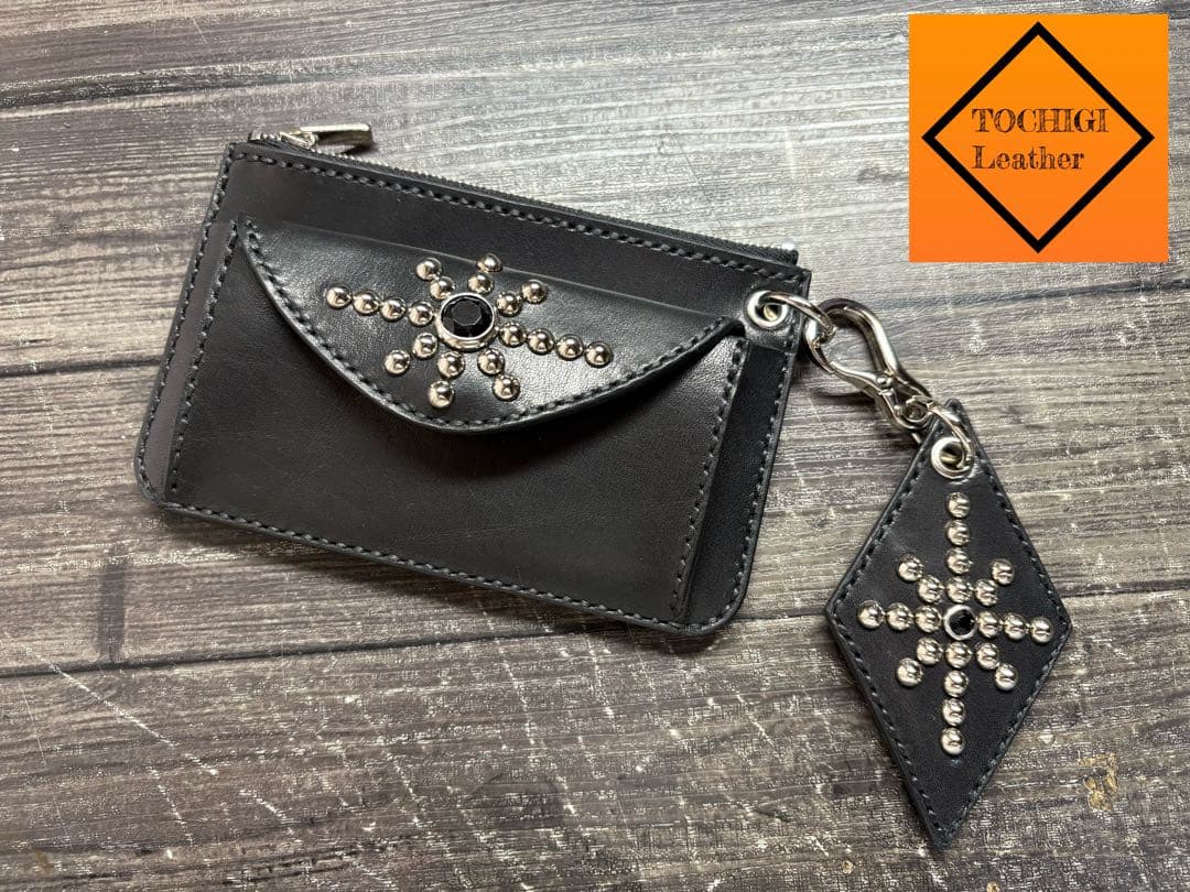 栃木レザー スタッズコンパクトウォレット＆スタッズキーホルダー　セット販売①