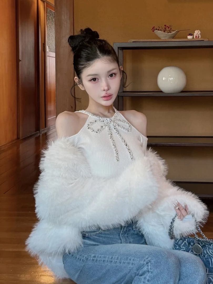 ダーリッチ Darich リボンビジューアメスリニットトップス　白　ホワイト