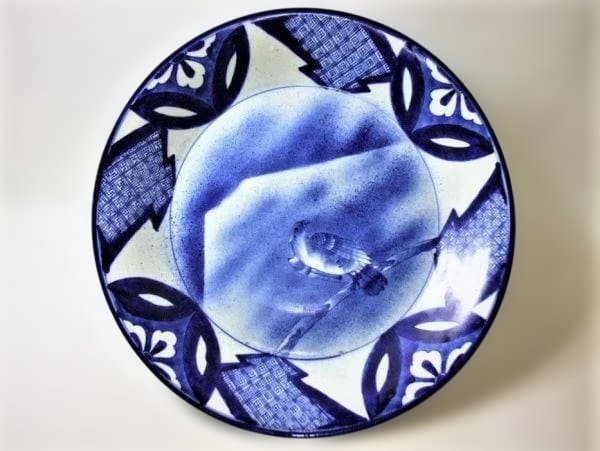 古伊万里 染付 富士に鷹 大皿 ベロ藍 40.5cm 骨董 古美術