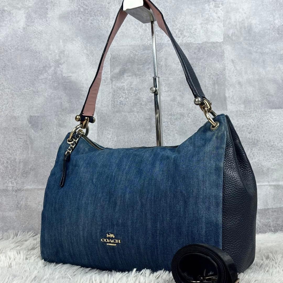 美品 COACH デニム 2way トートバッグ 肩掛け マグネット ネイビー
