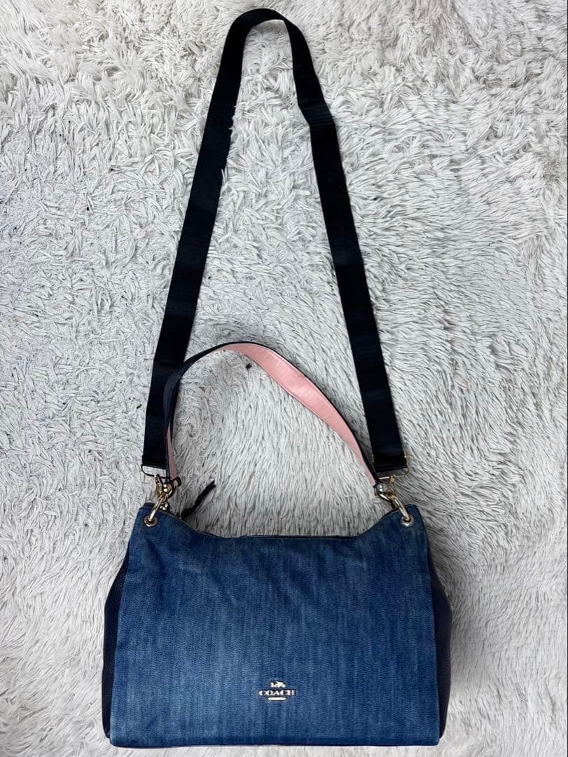 美品 COACH デニム 2way トートバッグ 肩掛け マグネット ネイビー