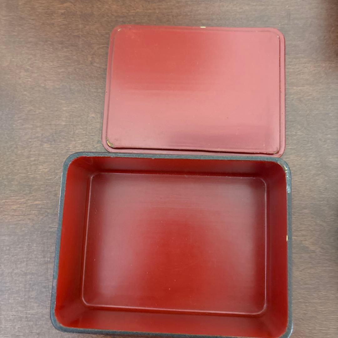 昭和レトロ 漆器 三段重 重箱 角重 民芸文様 蓋なしあり　宝箱　シール入れ