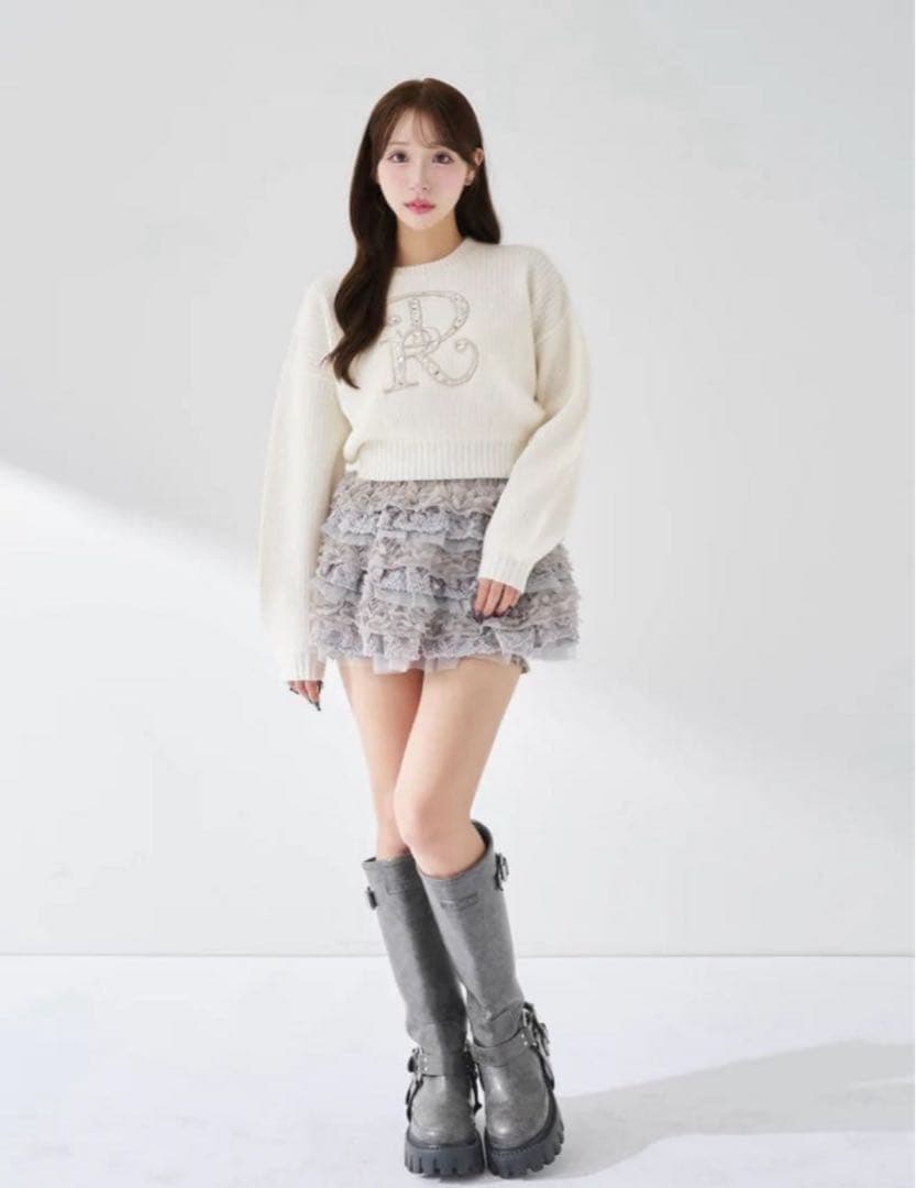 Darich DR ビジューボリュームリブニットトップス ホワイト