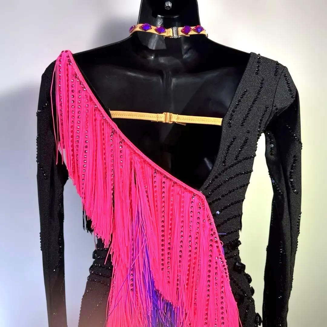 6317★ S 黒 ラインストーン フリンジ ラテンドレス 社交ダンス