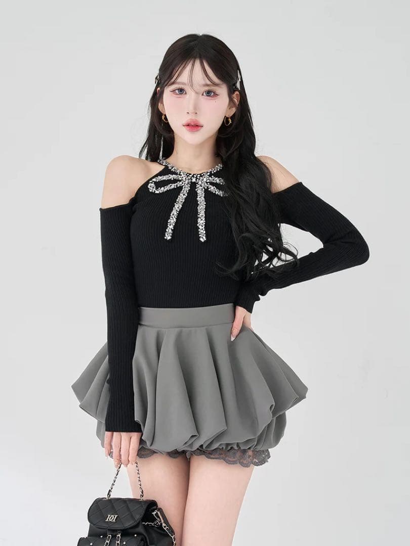 新品タグ付き ダーリッチ リボンビジューアメスリニットトップス ブラック フリー