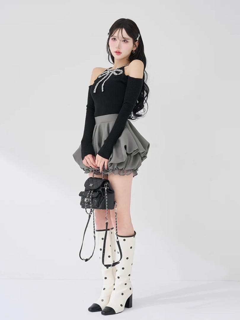 新品タグ付き ダーリッチ リボンビジューアメスリニットトップス ブラック フリー