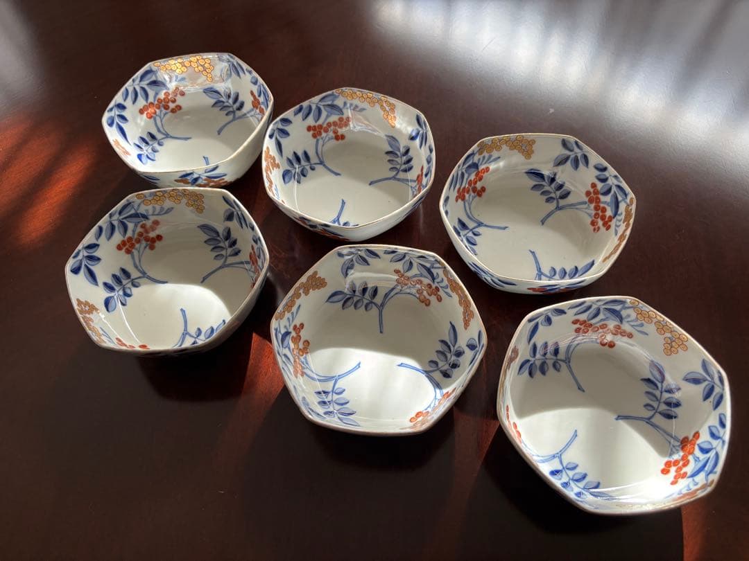 オールド香蘭社 南天図金彩 六角小鉢 6客