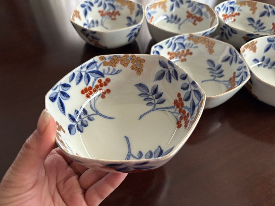 オールド香蘭社 南天図金彩 六角小鉢 6客