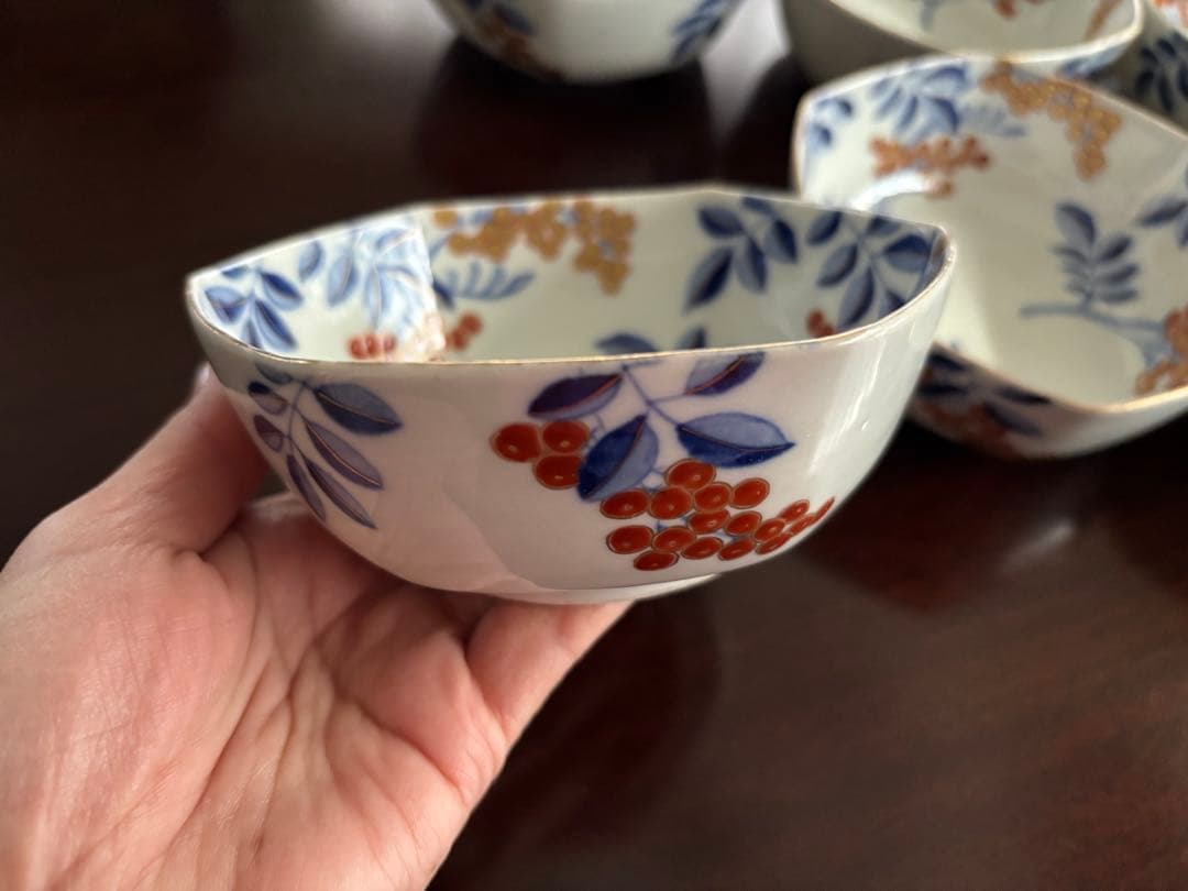 オールド香蘭社 南天図金彩 六角小鉢 6客