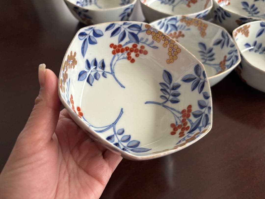 オールド香蘭社 南天図金彩 六角小鉢 6客