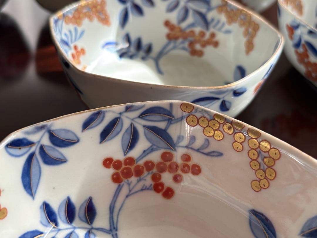 オールド香蘭社 南天図金彩 六角小鉢 6客