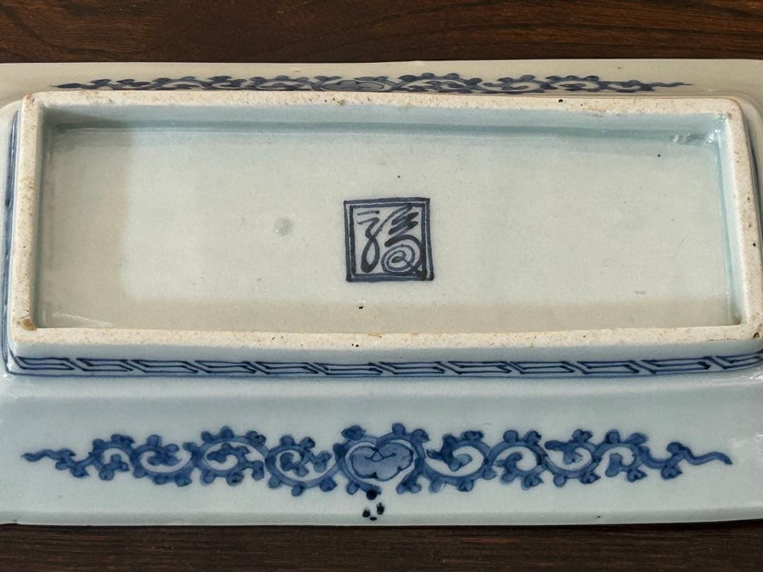 古伊万里　染付　蛸唐草松梅文長皿　江戸中期　❸ (小さなキズ、スレ有)