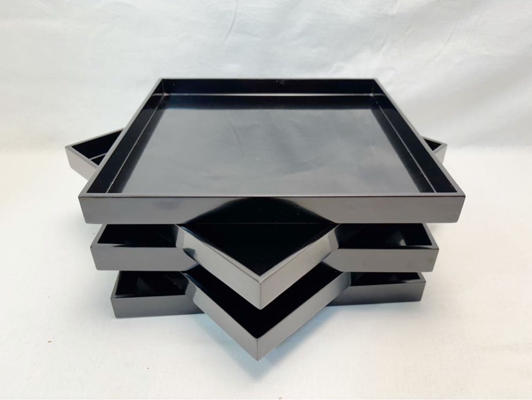 ほぼ未使用 懐石道具 木製黒真塗 四方膳 会席膳 平膳 5客揃 角膳 銘々盆