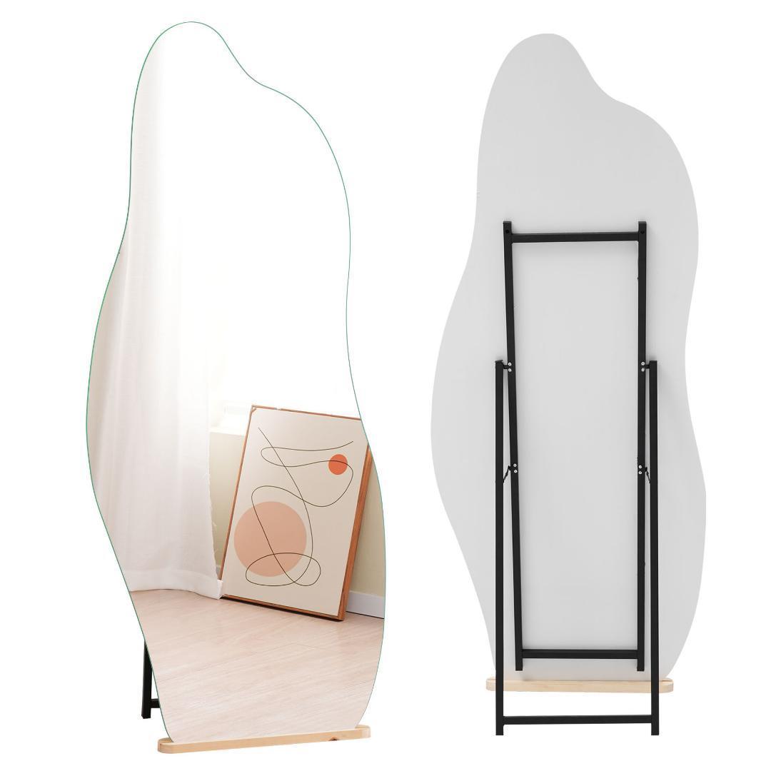 全身鏡姿見鏡スタンドミラー ノンフレームイレギュラミラー立てかけ姿見鏡大型木製台