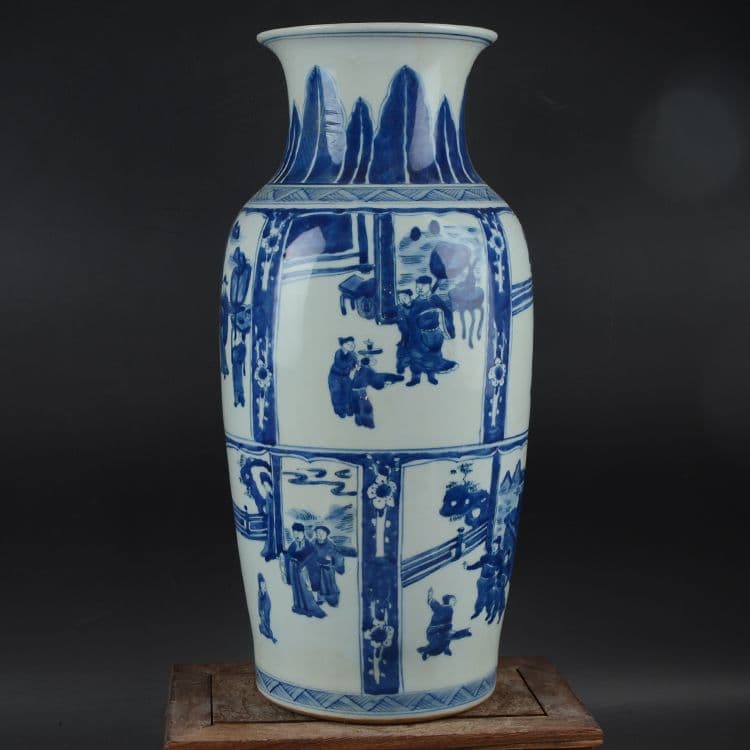 大清康熙青花窓人物紋花瓶 景徳鎮 陶磁器 装飾品 現代工芸品 美術品 置物