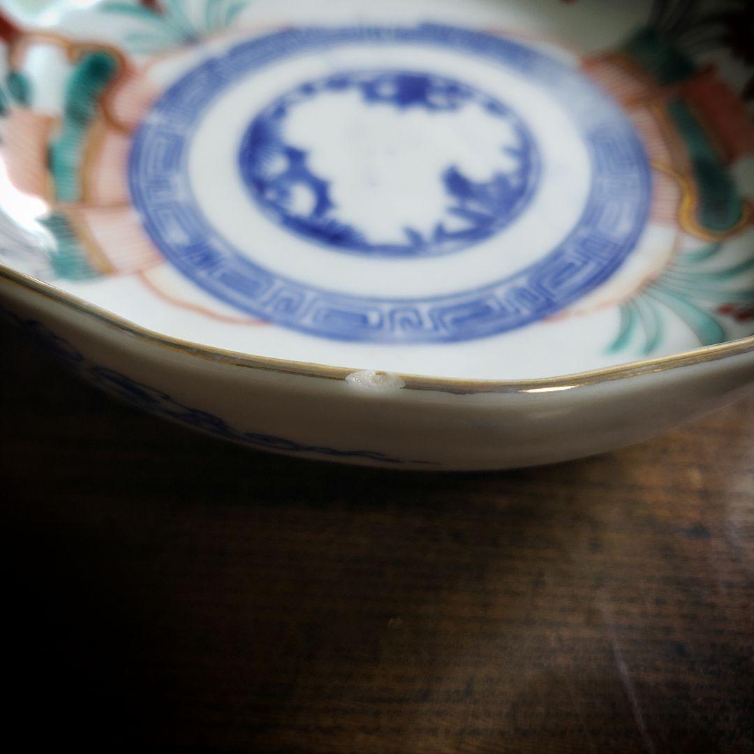 なます皿　色絵付　印判　変わり図柄　明治　大正　モダン唐草　2枚　欠け　ロ号