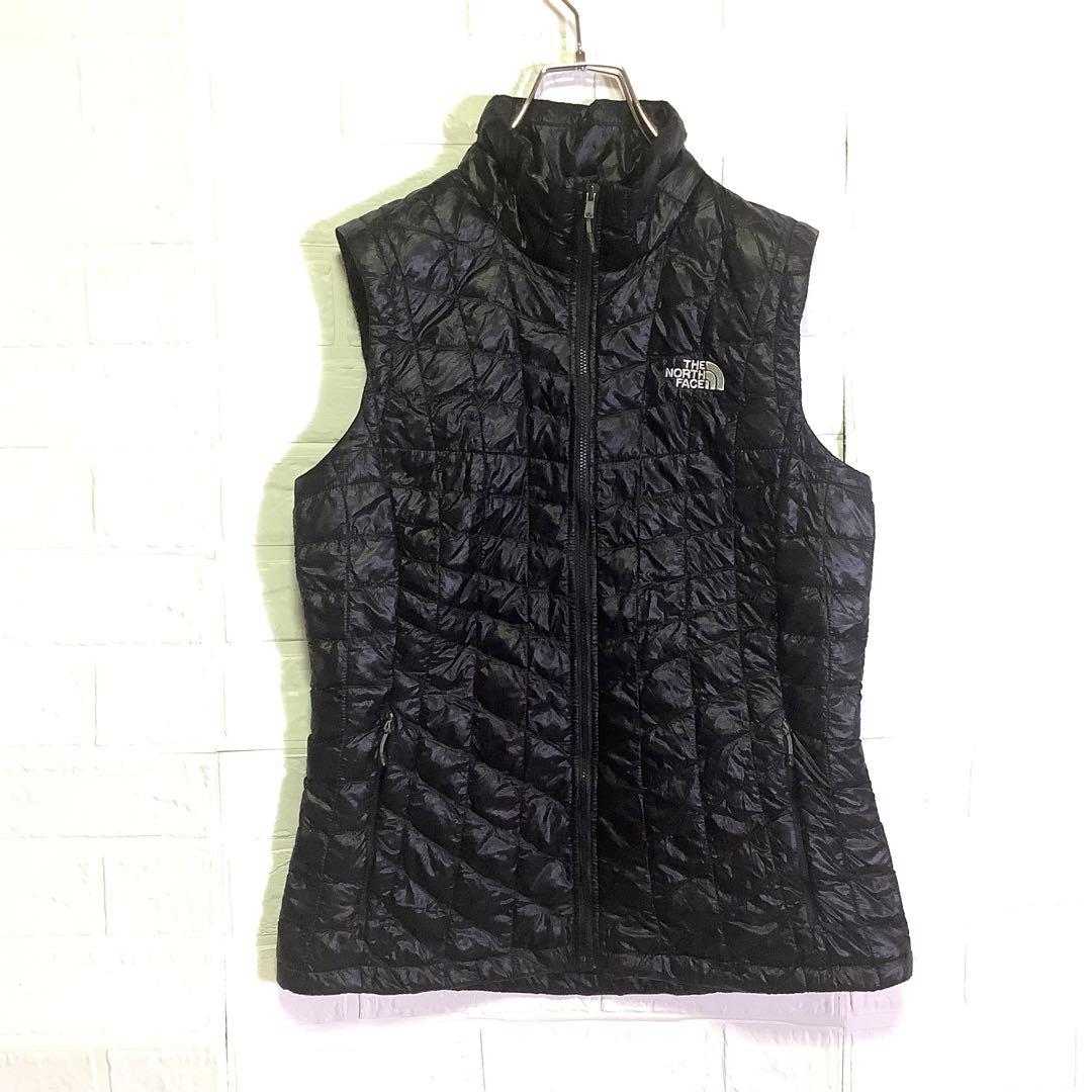 美品 ノースフェイス 中綿ベスト THERMOBALL 刺繍ロゴ ブラック 黒L