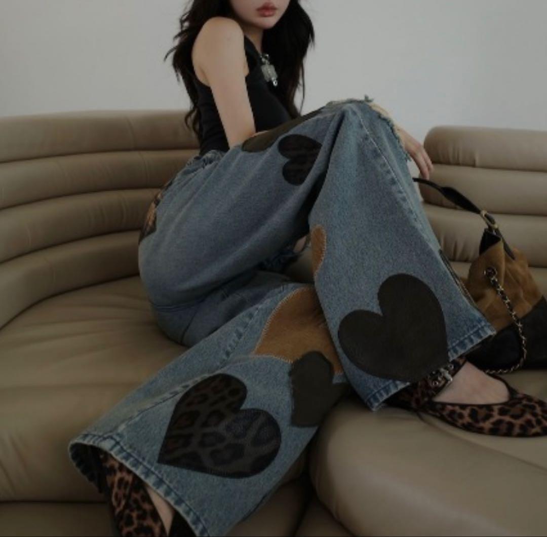 ダーリッチ　ランダムハートパッチワークデニムパンツ