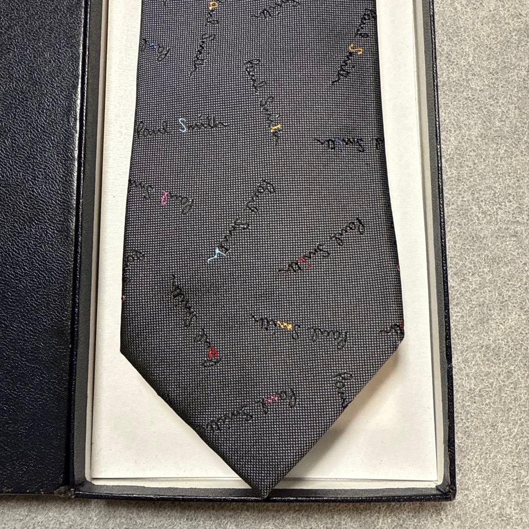 美品　ポールスミス　ネクタイ　グレー　ロゴ総柄　犬柄　シルクジャガード