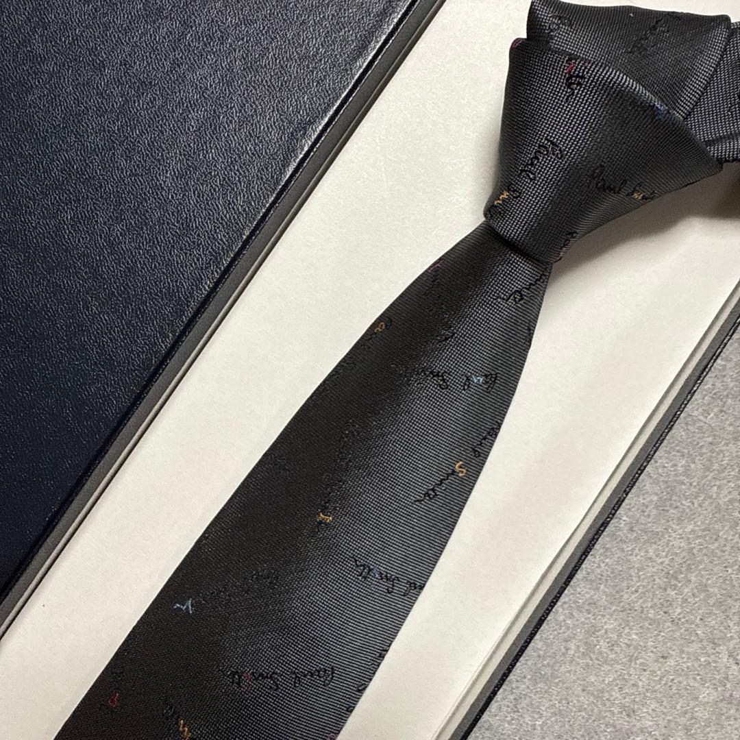 美品　ポールスミス　ネクタイ　グレー　ロゴ総柄　犬柄　シルクジャガード