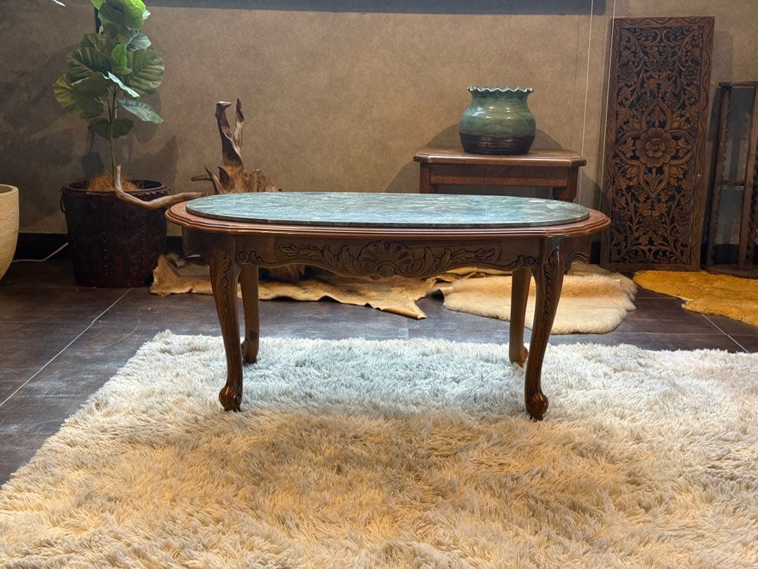 大理石　センターテーブル　ローテーブル　グリーン　クラシック　猫脚　アンティーク