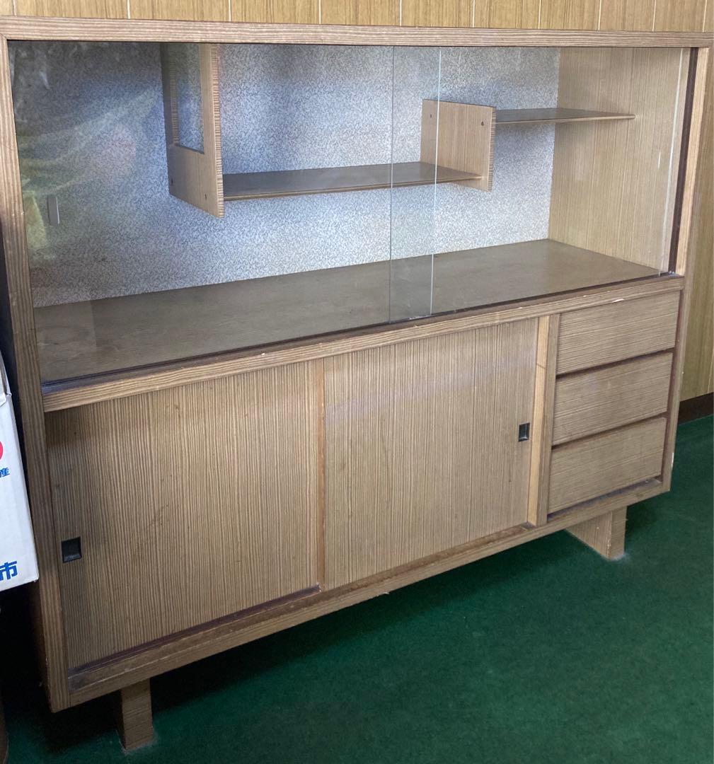 アンティーク　木製ガラスキャビネット スライドドア付き　昭和レトロ　茶箪笥