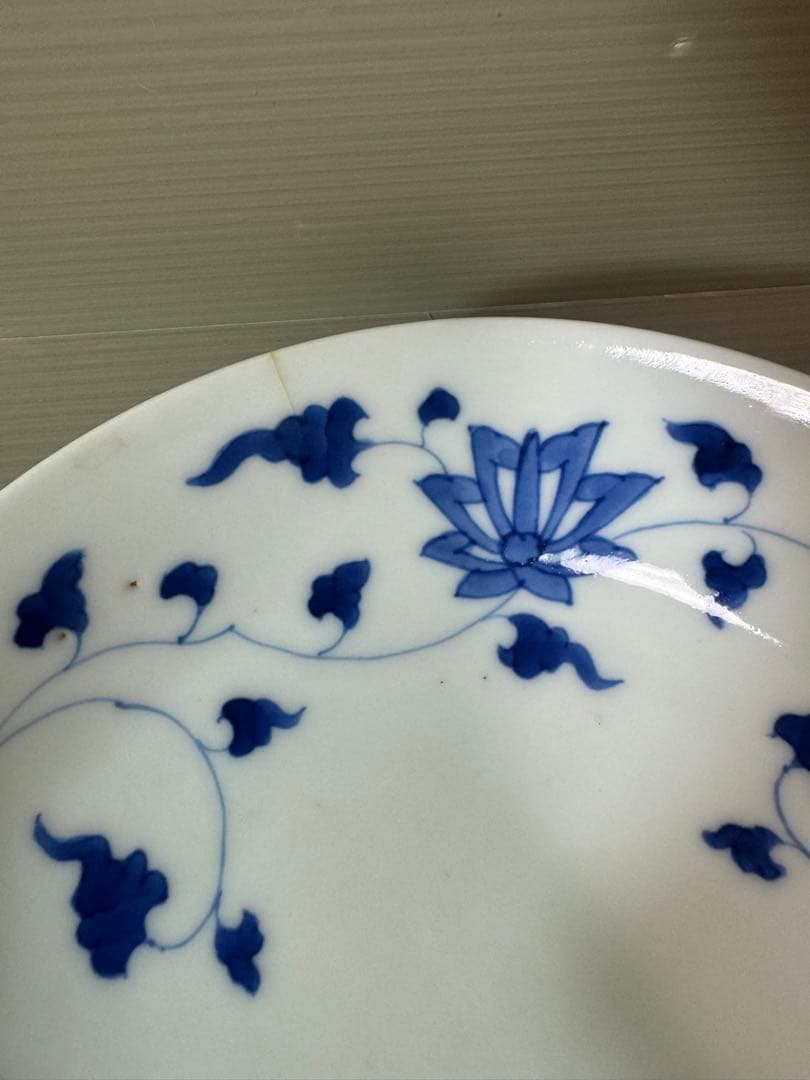 2890 深川製磁　染付唐草蓮花紋　中皿　4客　17cm 時代物