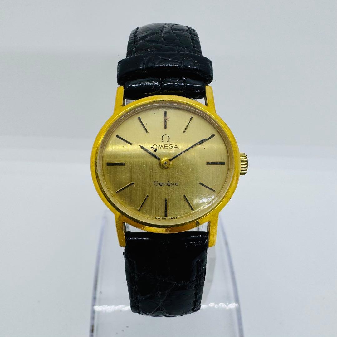 ✨OMEGA✨オメガ✨ジュネーブ✨ゴールド文字盤✨革レザー✨腕時計✨
