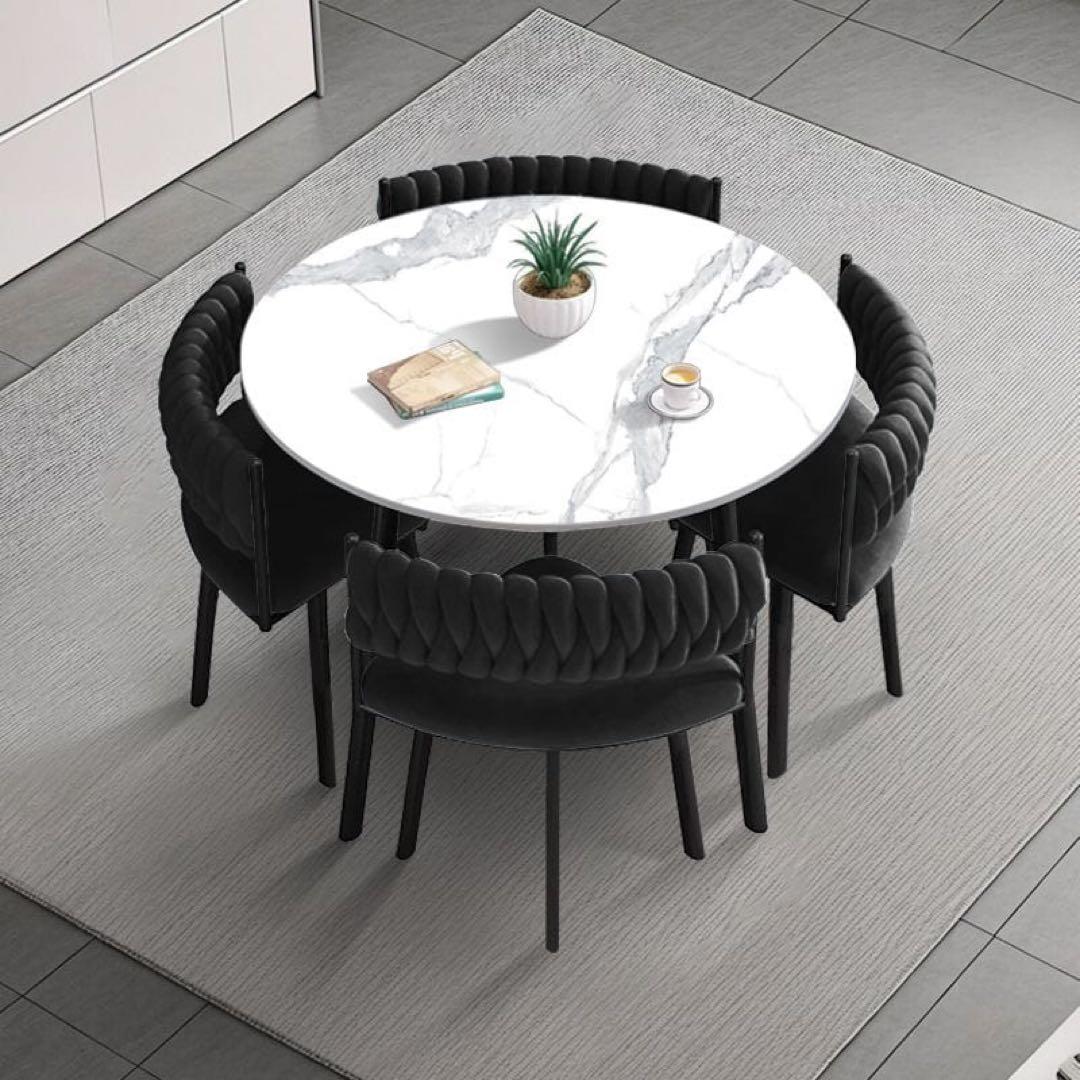 大理石調テーブル × 立体キルティングチェア 円形ダイニングセット