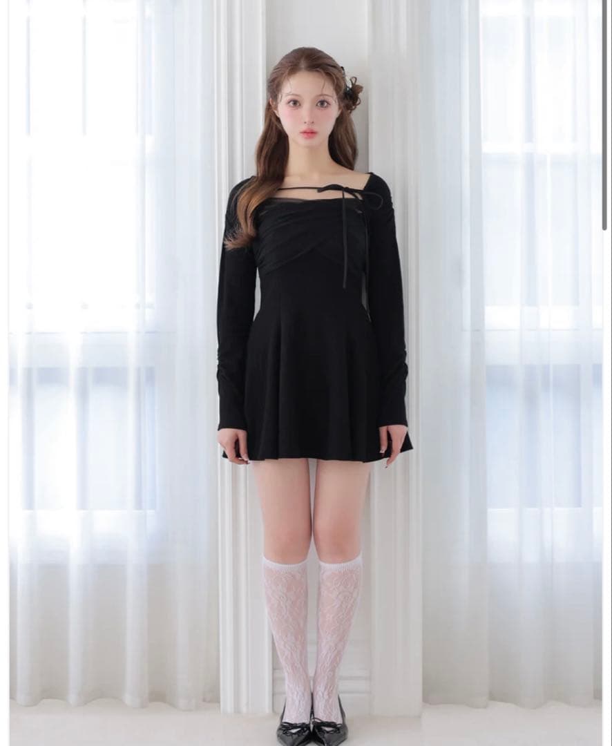 ワンピース m me eme Cross tulle flare mini onepiece