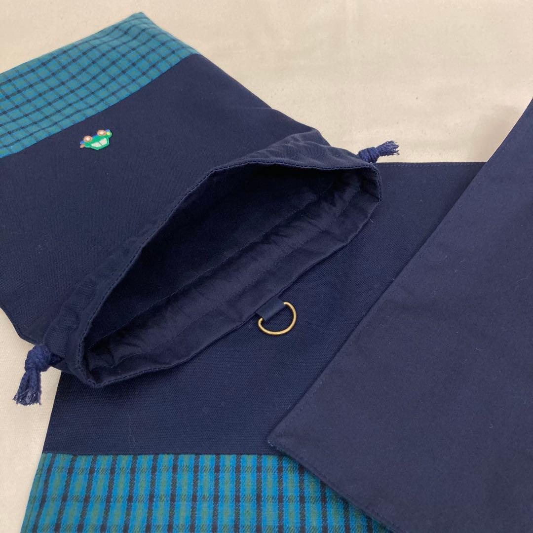 【rara★】通園通学セット　ファミリア風チェック生地(緑)×ネイビー