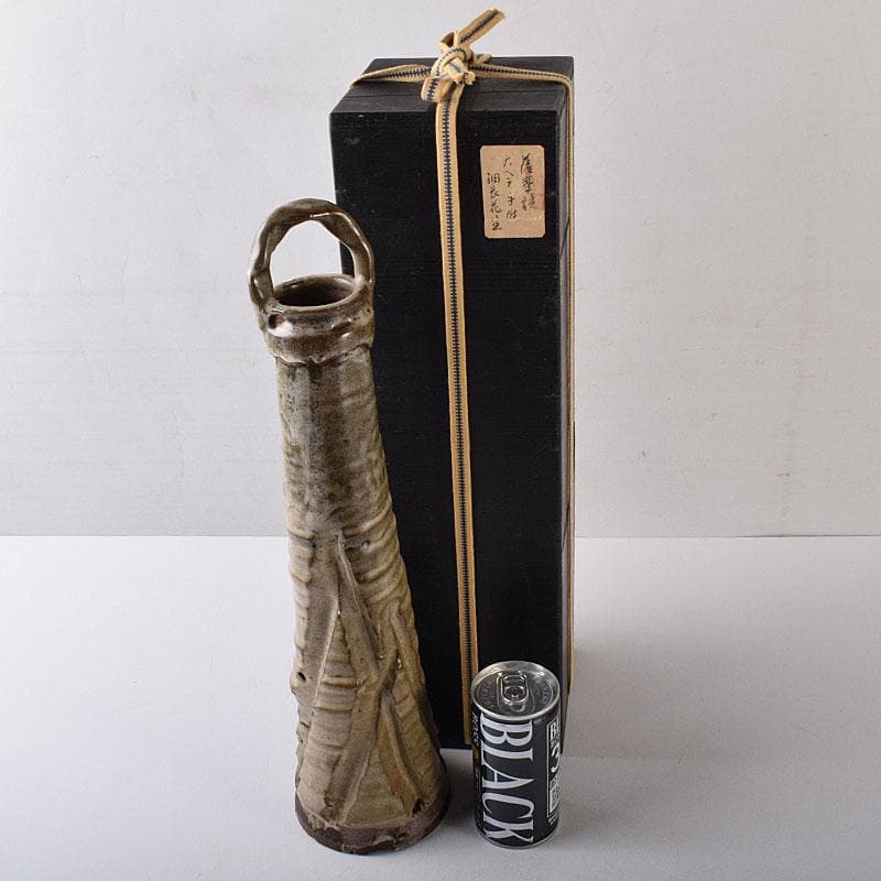 薩摩焼　古薩摩　大へら持ち手付　細長花生　花瓶　時代箱　M　R8727