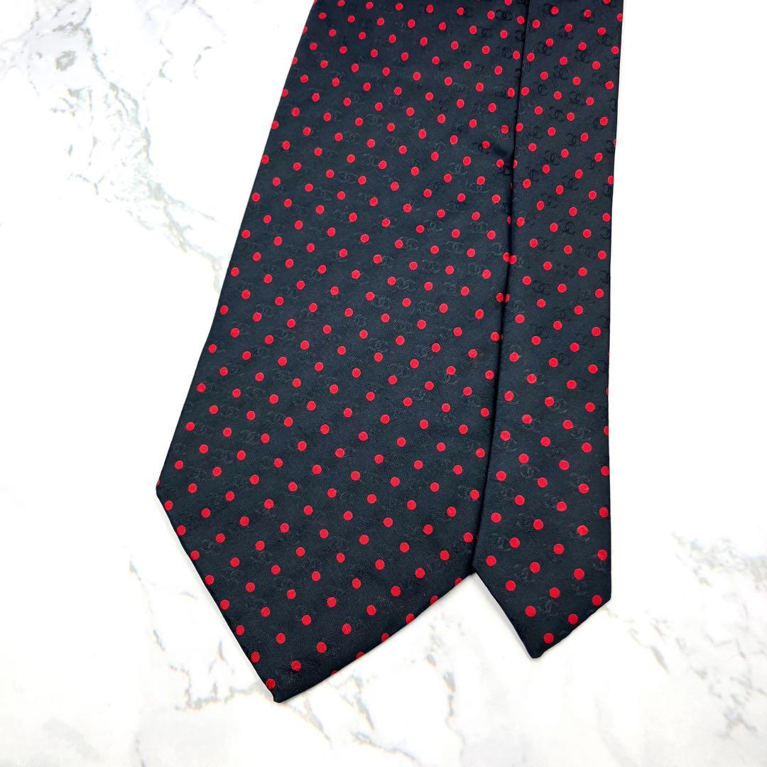 ◆美品◆CHANEL ネクタイ 黒色 ドット柄 ロゴ入り オシャレ 希少