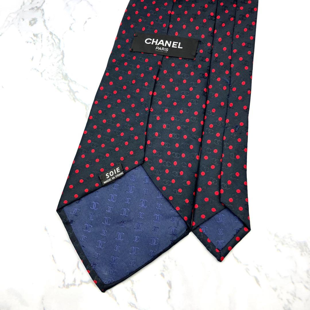 ◆美品◆CHANEL ネクタイ 黒色 ドット柄 ロゴ入り オシャレ 希少