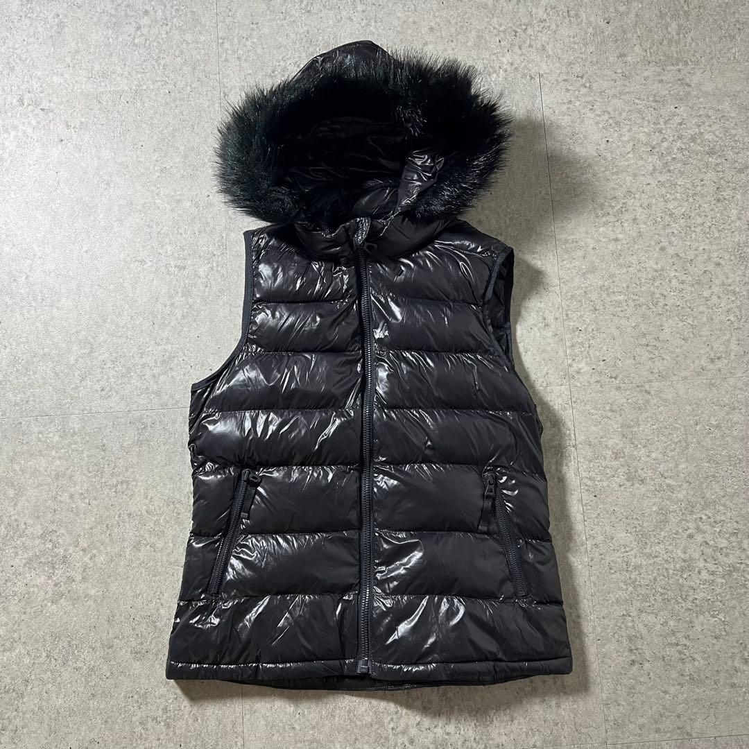 GAP ギャップ ダウンベスト フード ファー 黒 光沢 Y2K 平成ギャル