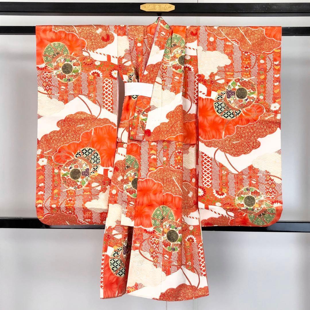 子供着物 七五三 3歳 鼓 花模様 赤橙色 CK-7380