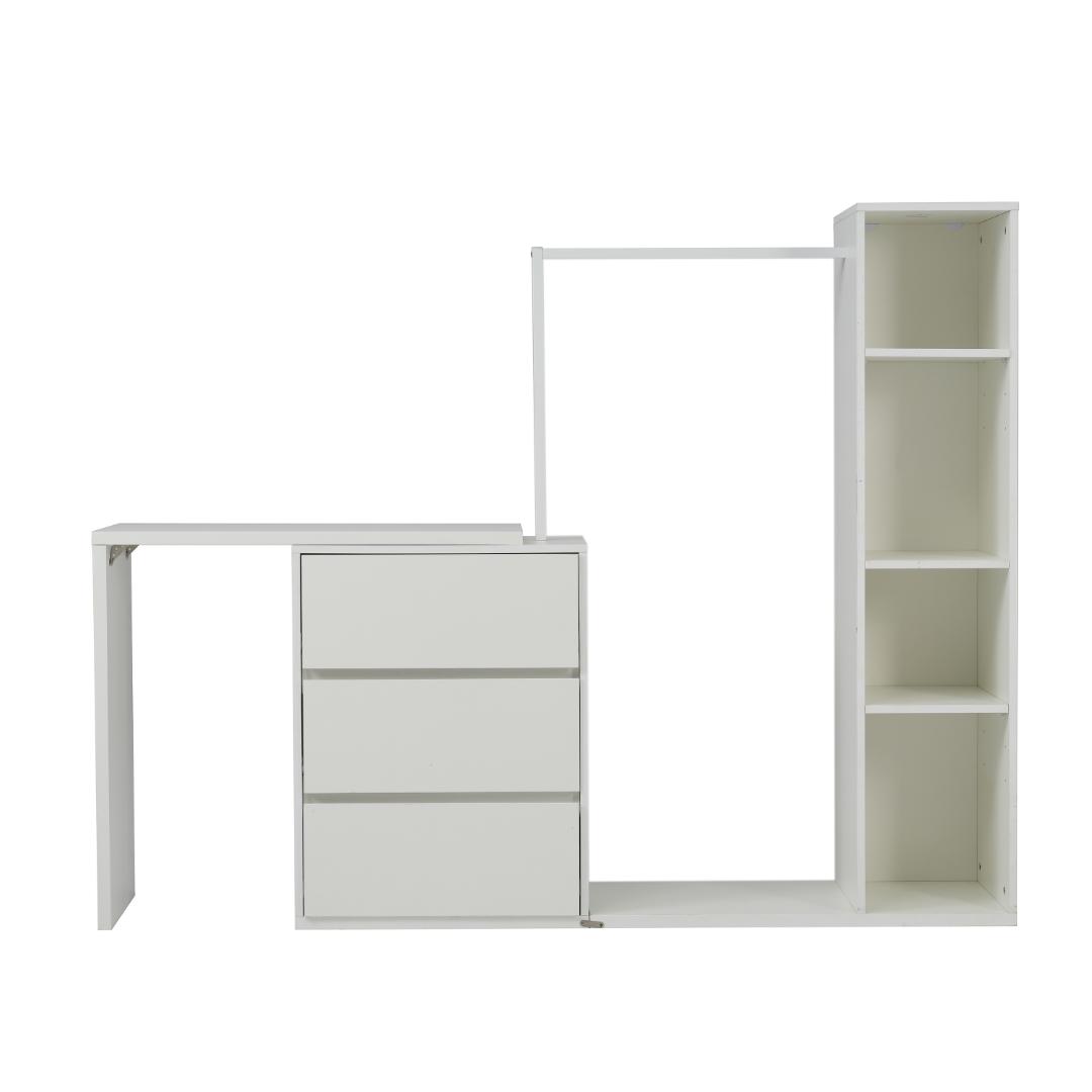 3段キャビネット+幅調整デスク+ ハンガーラック+ラック化粧台 デスク木製収納棚