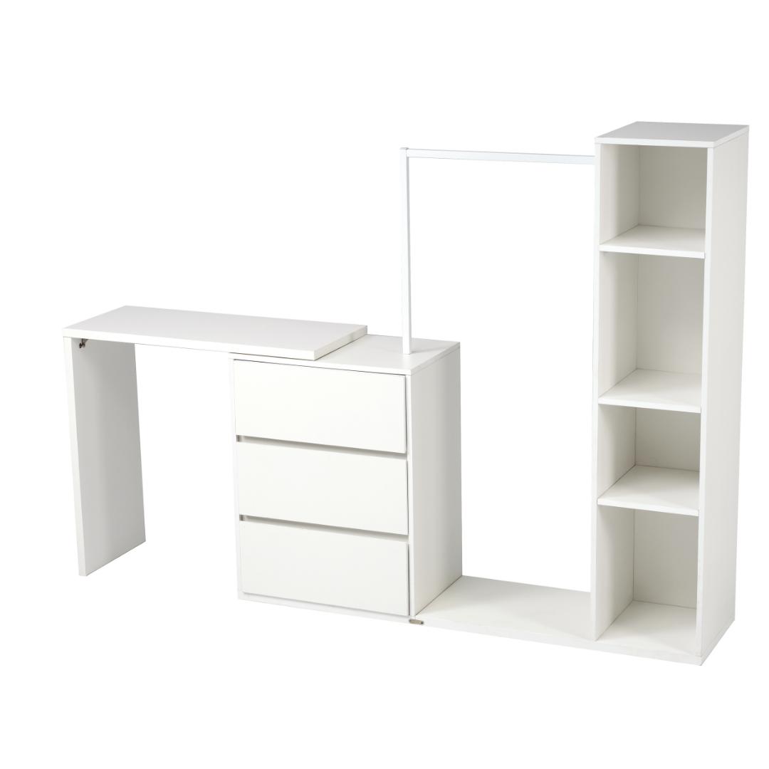 3段キャビネット+幅調整デスク+ ハンガーラック+ラック化粧台 デスク木製収納棚