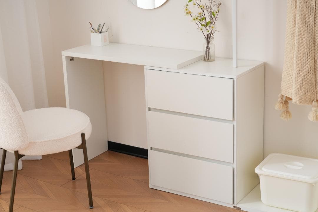 3段キャビネット+幅調整デスク+ ハンガーラック+ラック化粧台 デスク木製収納棚