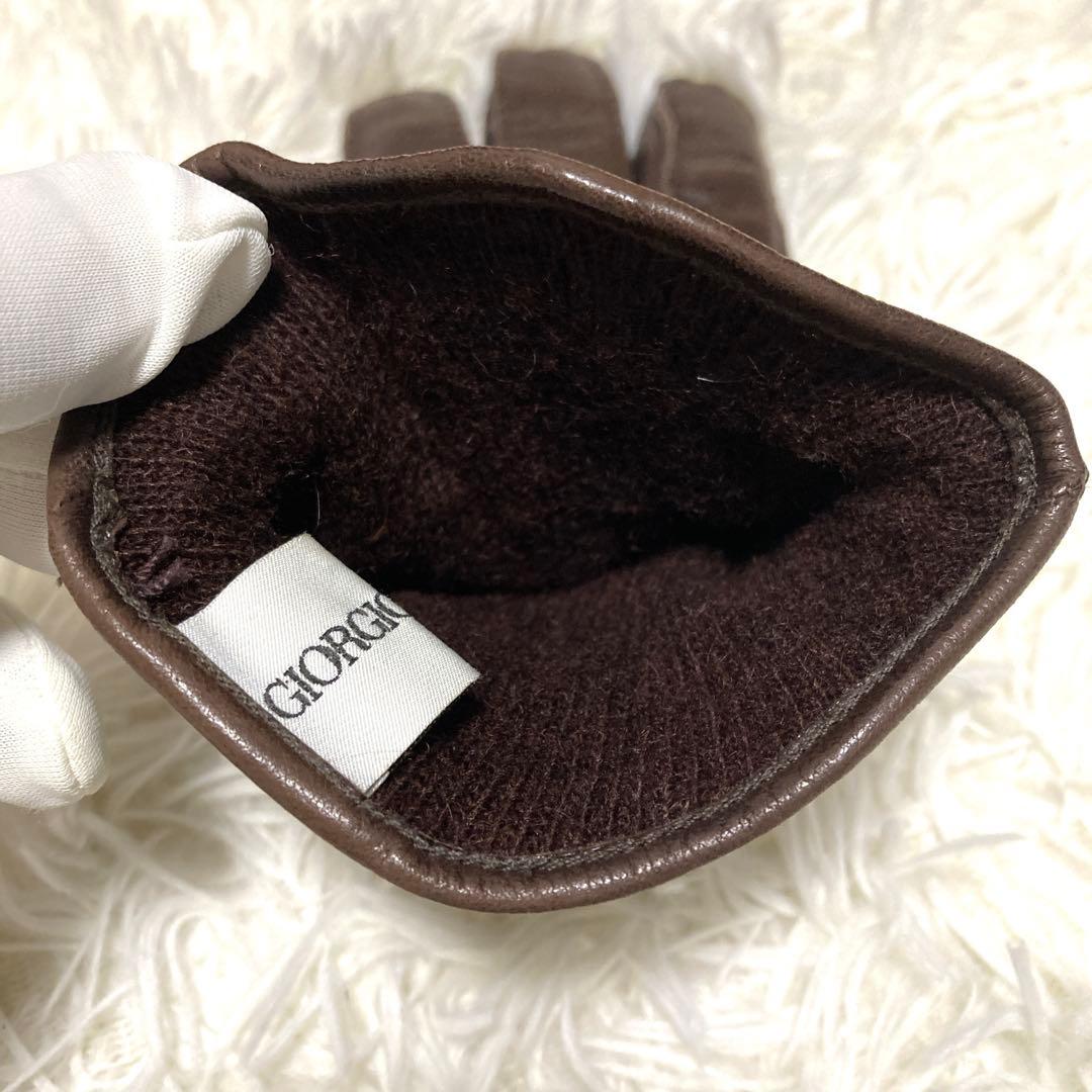 美品GIORGIO ARMANI ラムレザー手袋　カシミヤ　茶　エンボスロゴ