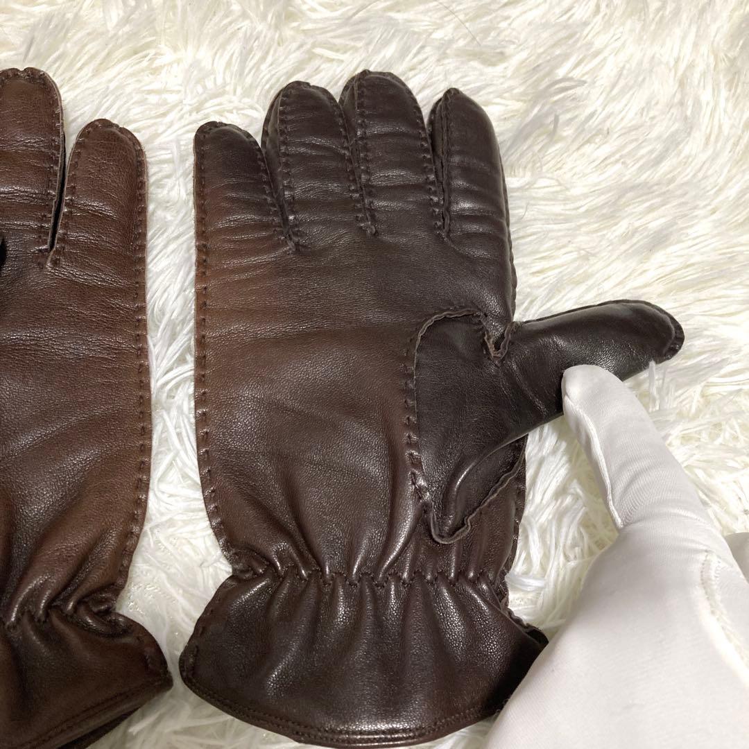 美品GIORGIO ARMANI ラムレザー手袋　カシミヤ　茶　エンボスロゴ