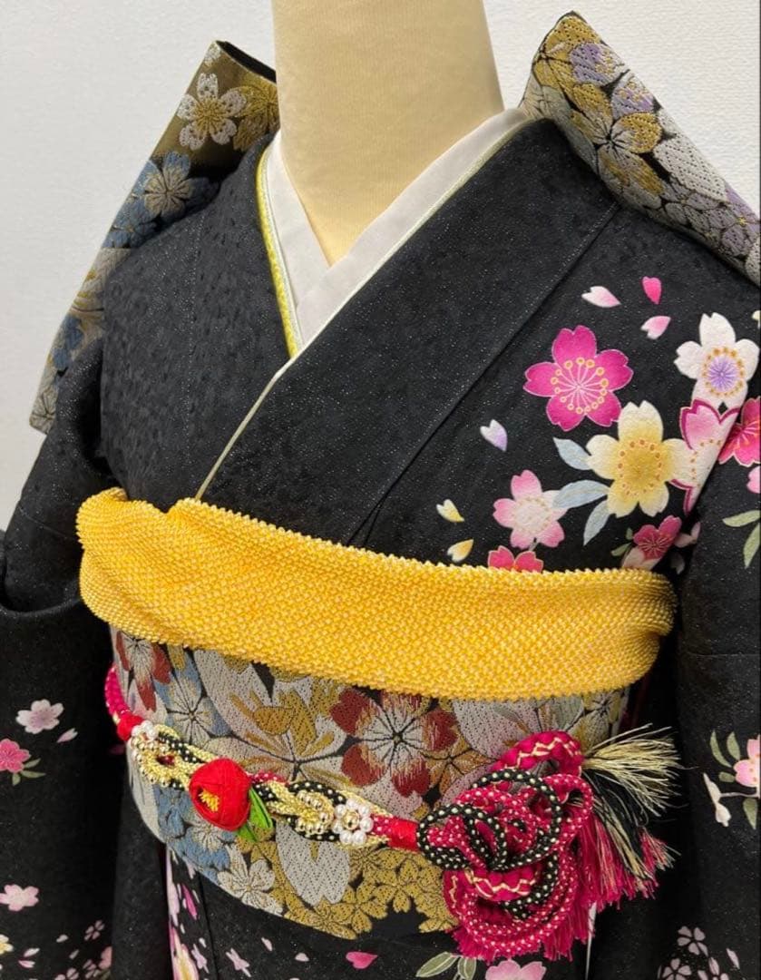 振り袖　フルセット　別誂長襦袢　黒　成人式　金彩加工　刺繍入り　銀通し　768
