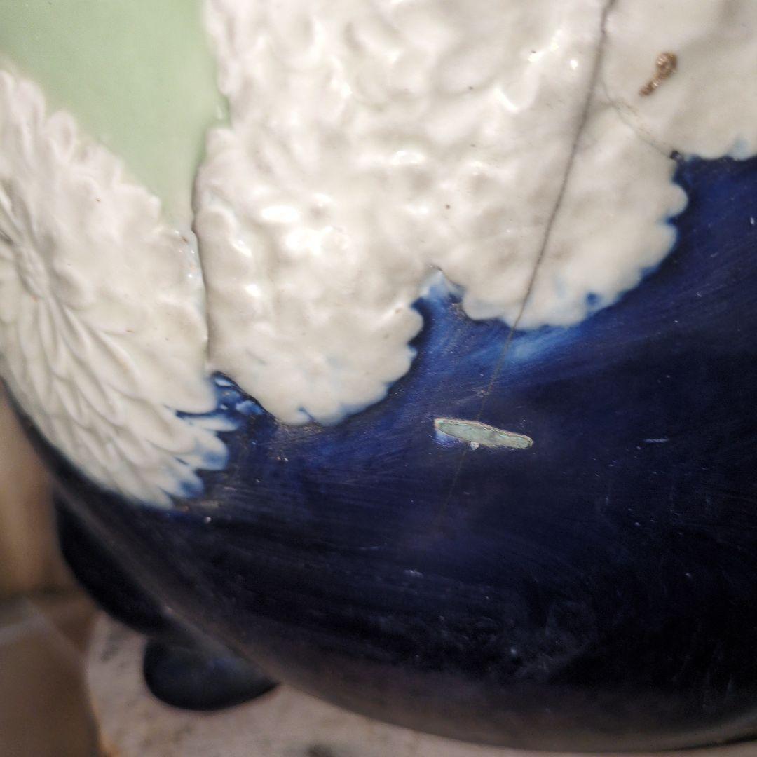 古い青磁瑠璃釉貼花菊文外縁丸 三河盆栽 尾張焼 瀬戸焼