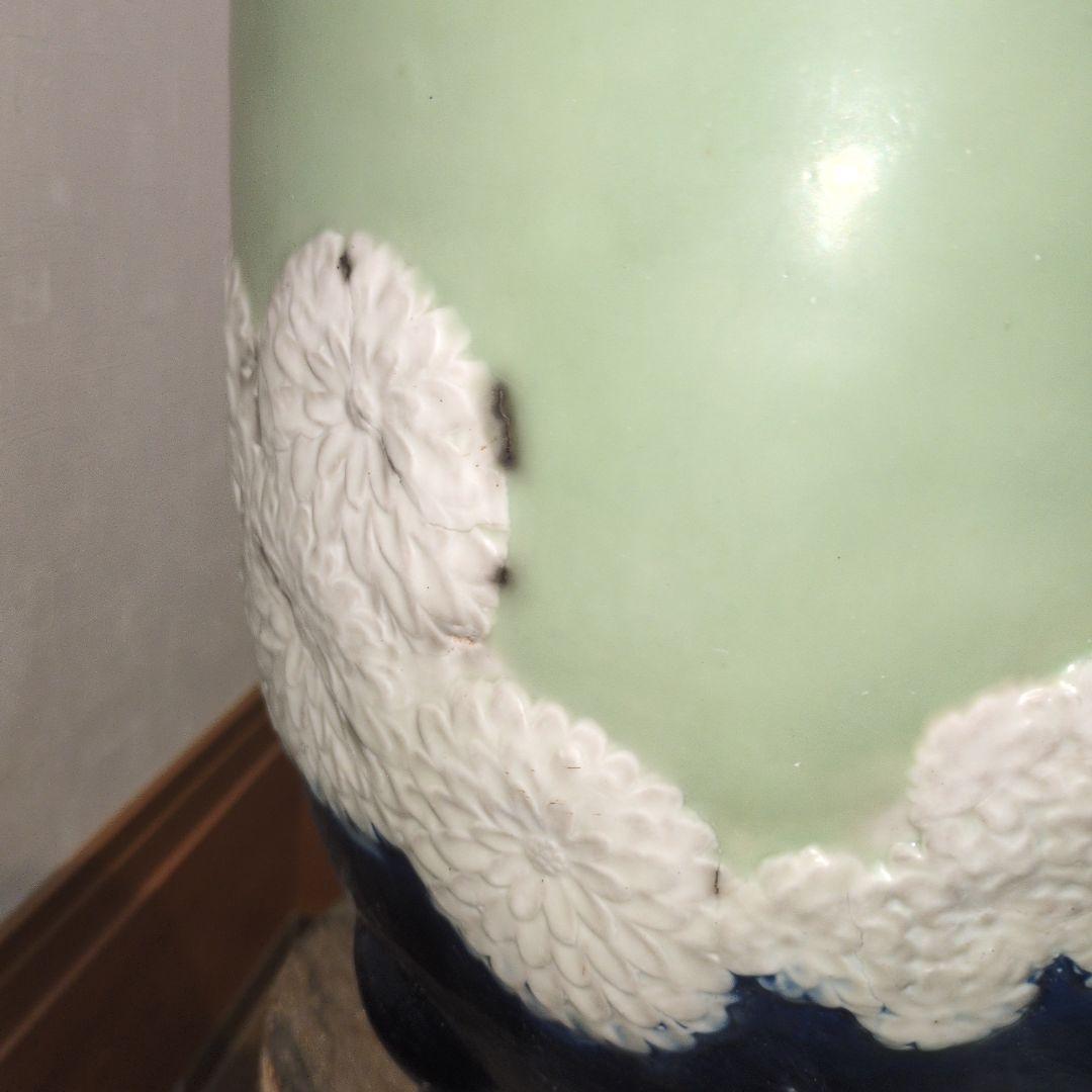 古い青磁瑠璃釉貼花菊文外縁丸 三河盆栽 尾張焼 瀬戸焼