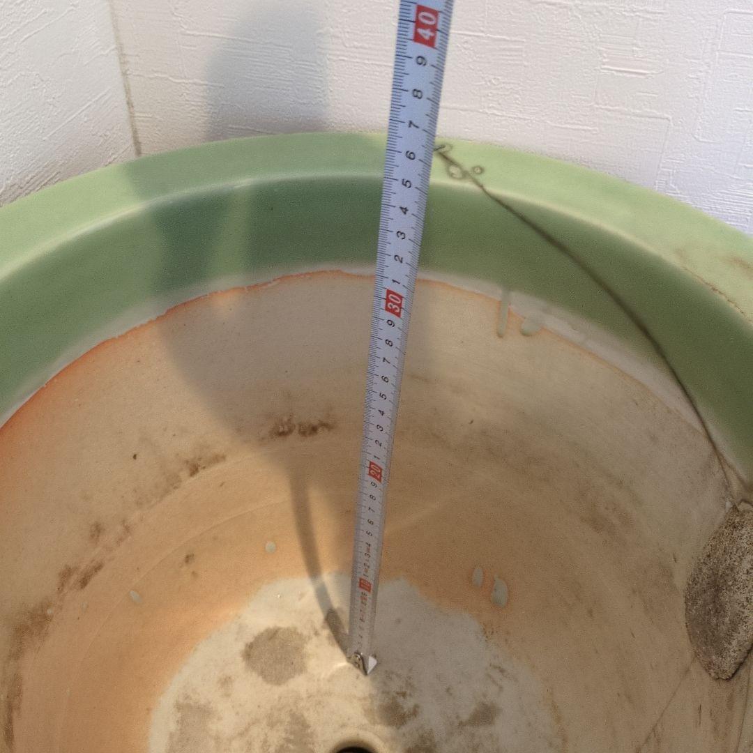 古い青磁瑠璃釉貼花菊文外縁丸 三河盆栽 尾張焼 瀬戸焼