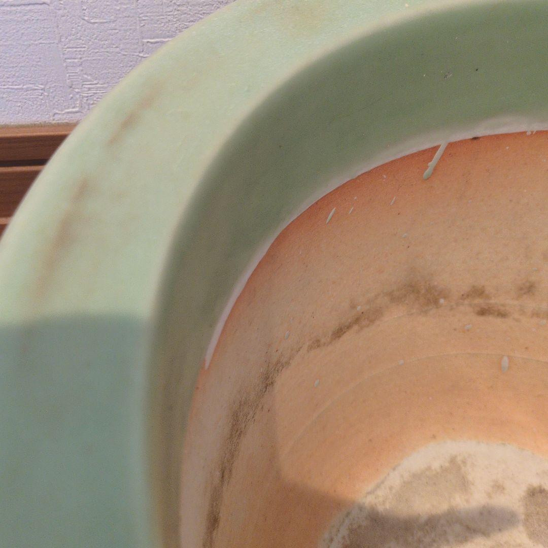 古い青磁瑠璃釉貼花菊文外縁丸 三河盆栽 尾張焼 瀬戸焼