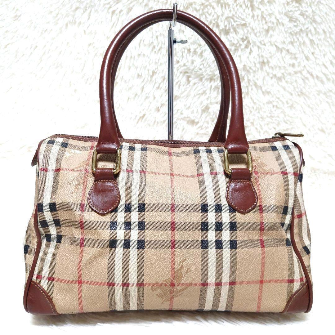 バーバリー ミニボストン ハンドバッグ ノバチェック PVC レザー ブラウン